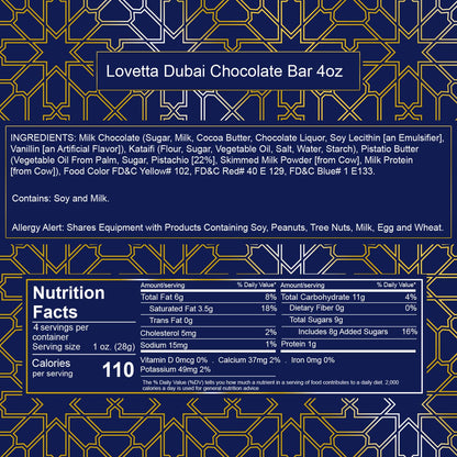 Lovetta Dubai Chocolate Bar Pistachio Knafeh – Luxury Milk Chocolate with Pistachio Cream & Kataifi Filling, 1 Pack