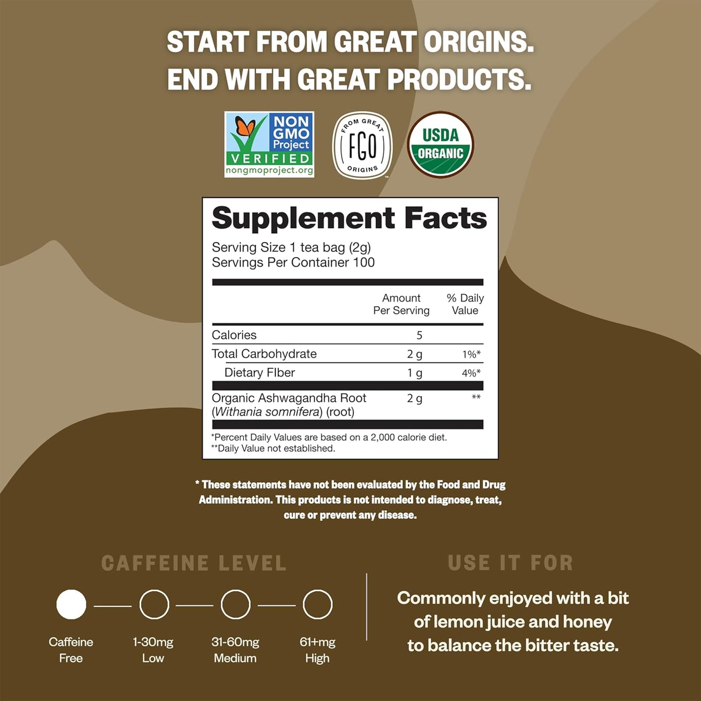 FGO Organic Ashwagandha Tea Bags Caffeine Free 100 Count