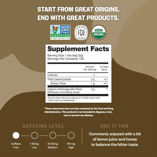FGO Organic Ashwagandha Tea Bags Caffeine Free 100 Count