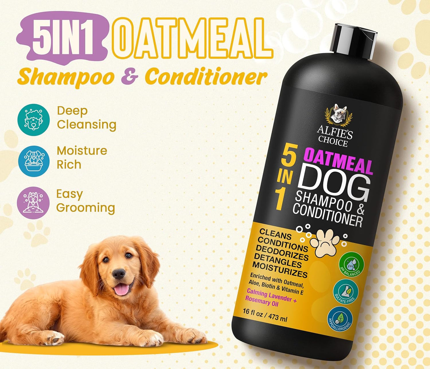 ALFIE'S CHOICE Oatmeal Dog Shampoo Conditioner 16 fl oz 5-in-1 Sensitive Skin