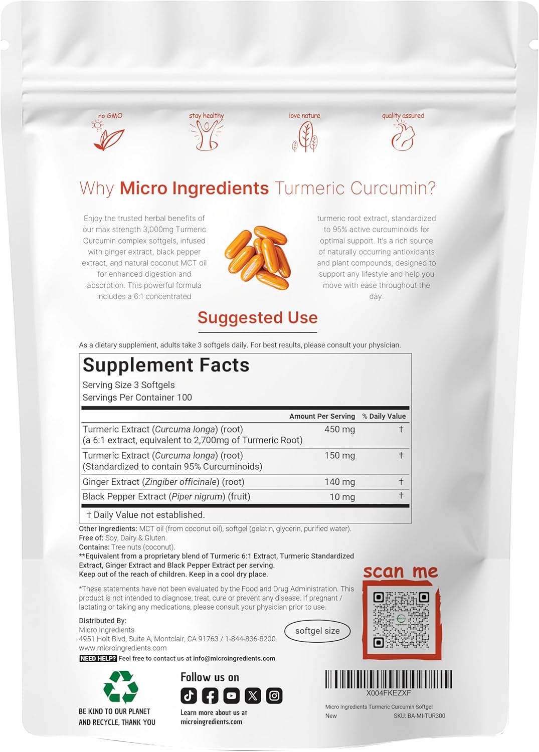 Micro Ingredients Turmeric Curcumin 3,000mg with Black Pepper & Ginger – 95% Curcuminoids, MCT Oil, Non-GMO, 300 Softgels
