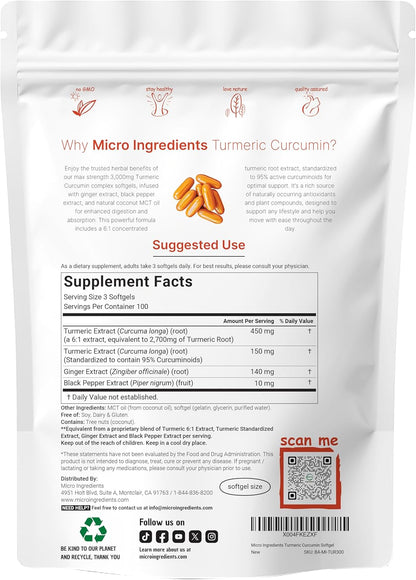 Micro Ingredients Turmeric Curcumin 3,000mg with Black Pepper & Ginger – 95% Curcuminoids, MCT Oil, Non-GMO, 300 Softgels