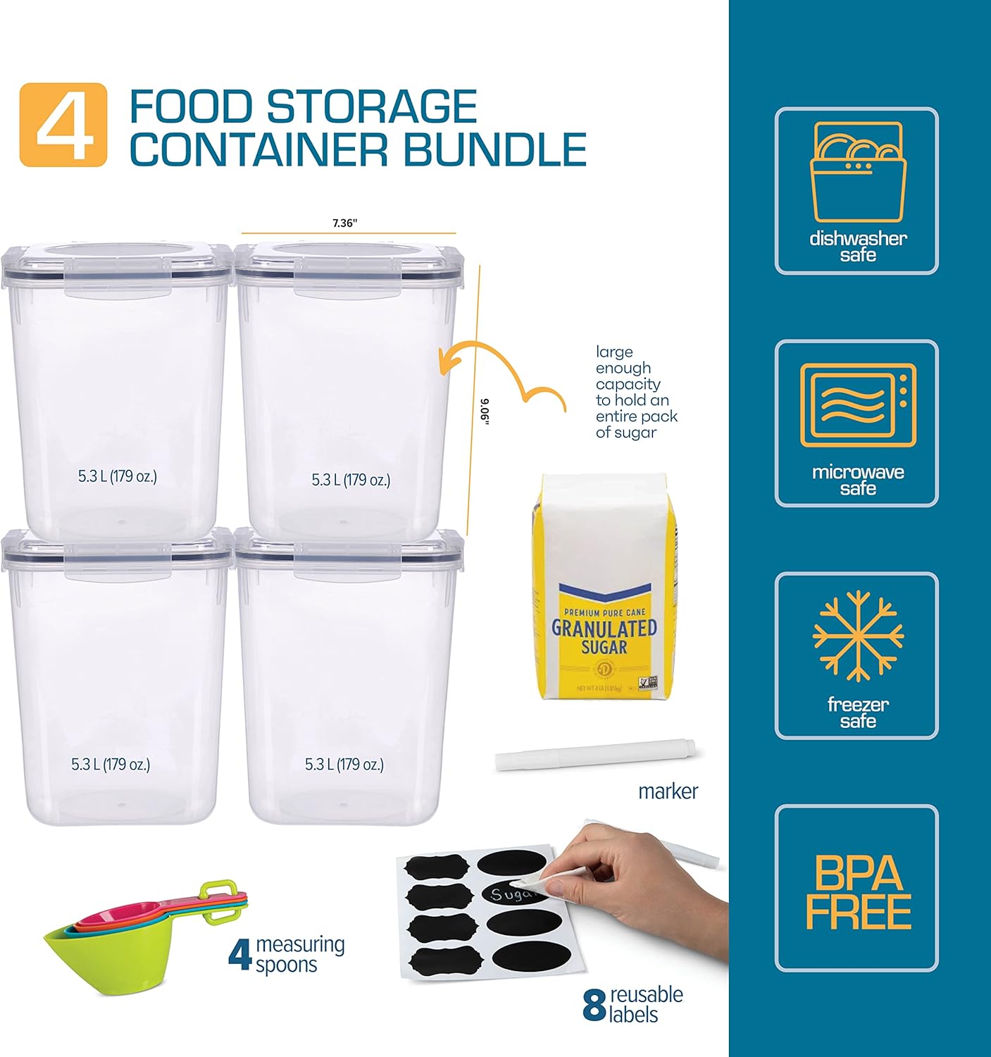 Storeganize Food Storage Containers Airtight Canisters with Lids 5.3L 4 Pack