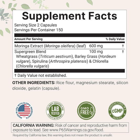 Micro Ingredients Moringa Capsules Supergreens Blend Non-GMO 300 Count