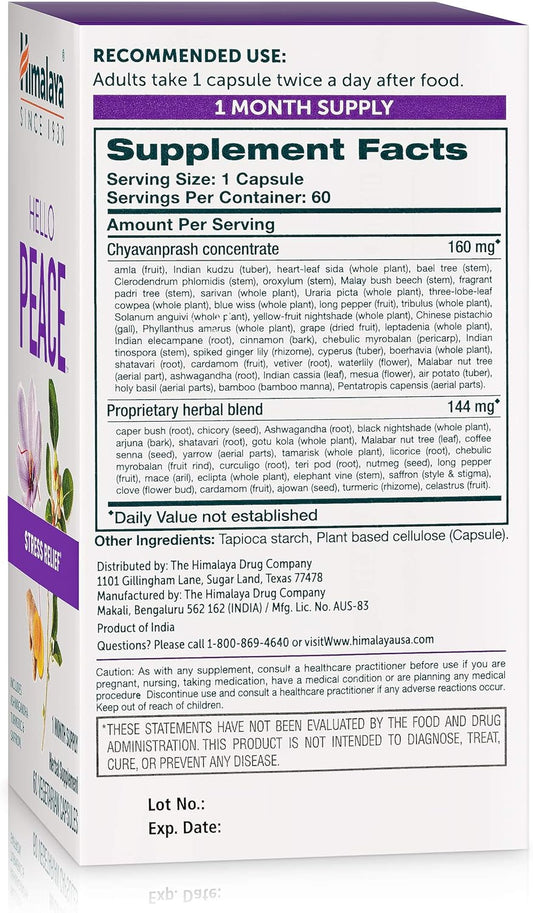Himalaya Hello Peace Herbal Stress Support Supplement 60 Vegan Capsules