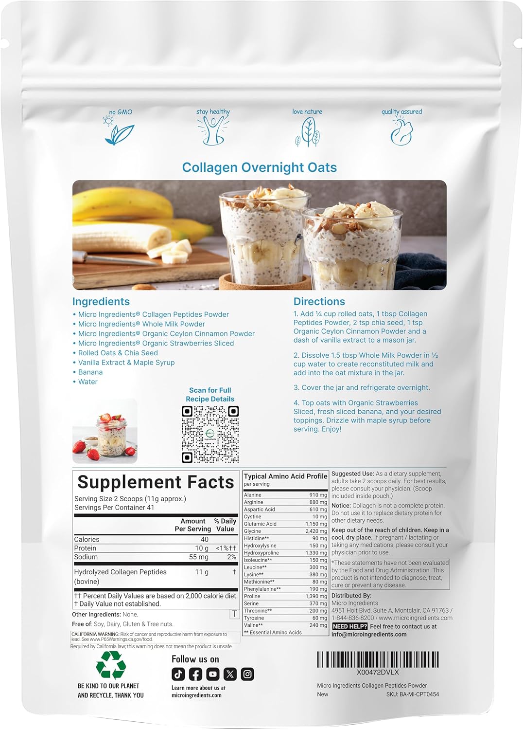Micro Ingredients Bovine Collagen Peptides Powder 1 lb – Type I & III Grass-Fed Collagen Protein, Unflavored, Non-GMO