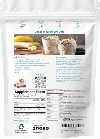Micro Ingredients Bovine Collagen Peptides Powder 1 lb – Type I & III Grass-Fed Collagen Protein, Unflavored, Non-GMO