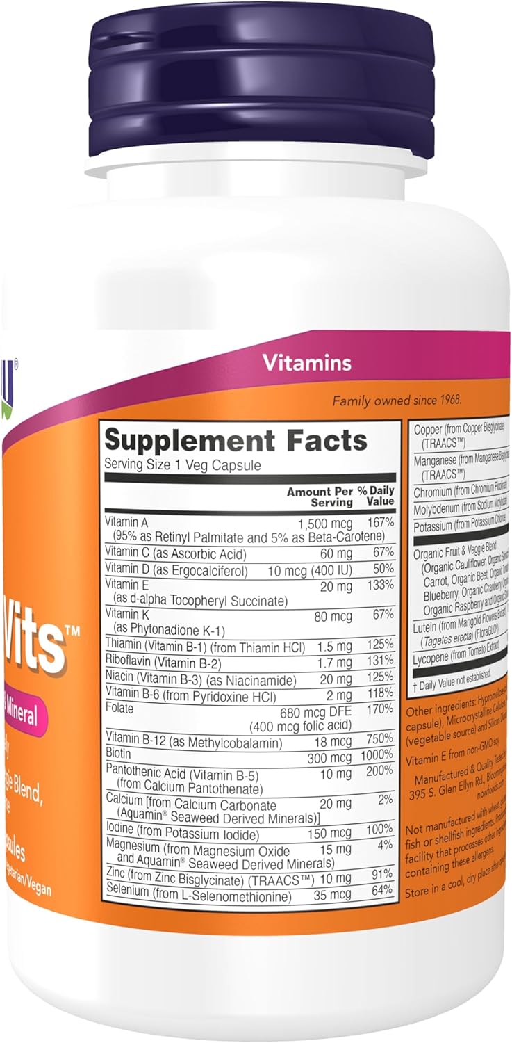 NOW Foods Daily Vits Multivitamin Capsules with Fruit & Veggie Blend, Lutein and Lycopene 120 Count