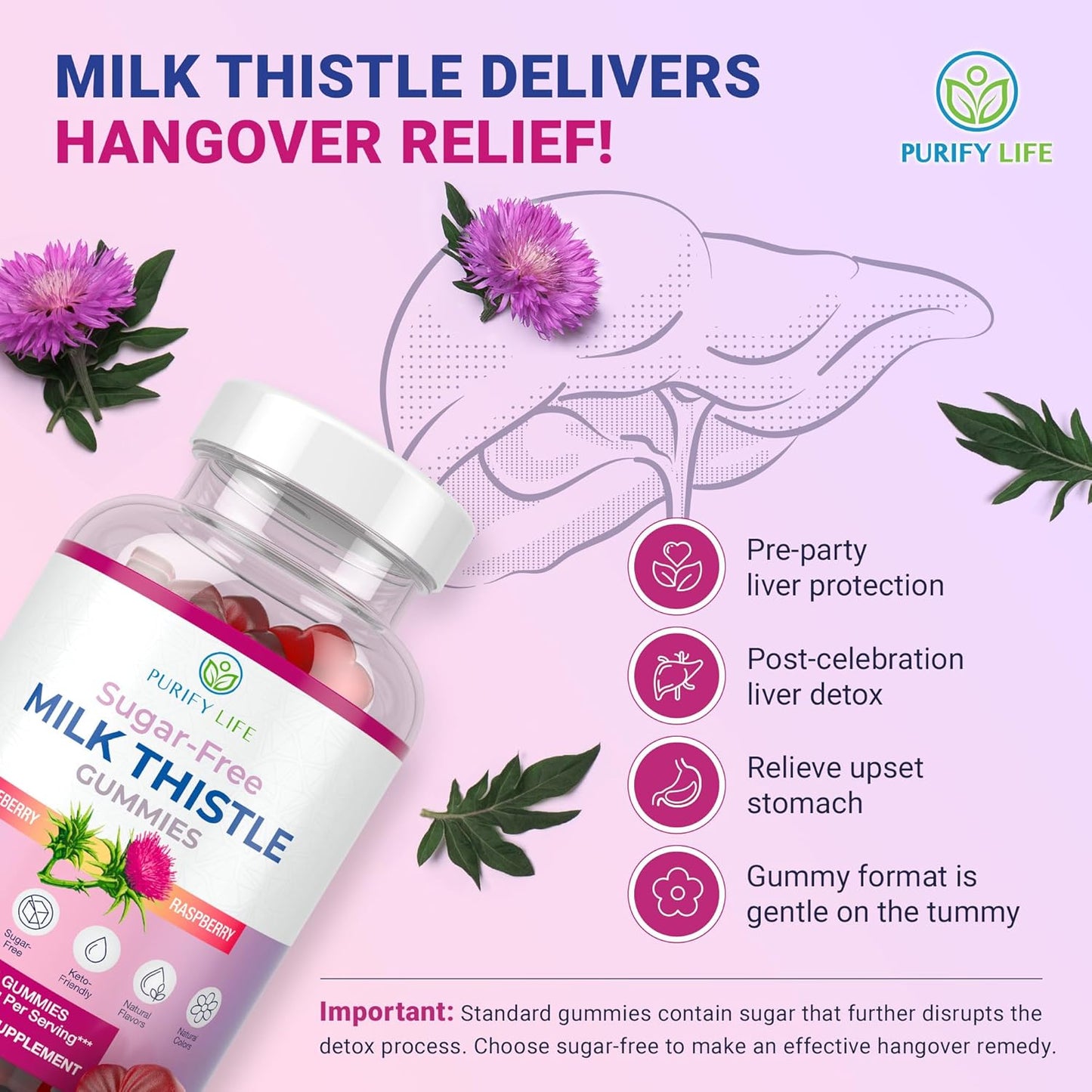 Sugar-Free Milk Thistle Gummies – Vegan Blueberry Raspberry Flavor, Antioxidant Herbal Supplement(60Gummies)