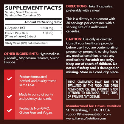 L-Arginine 1800 mg with Pine Bark Extract Supplement 90 Vegan Capsules