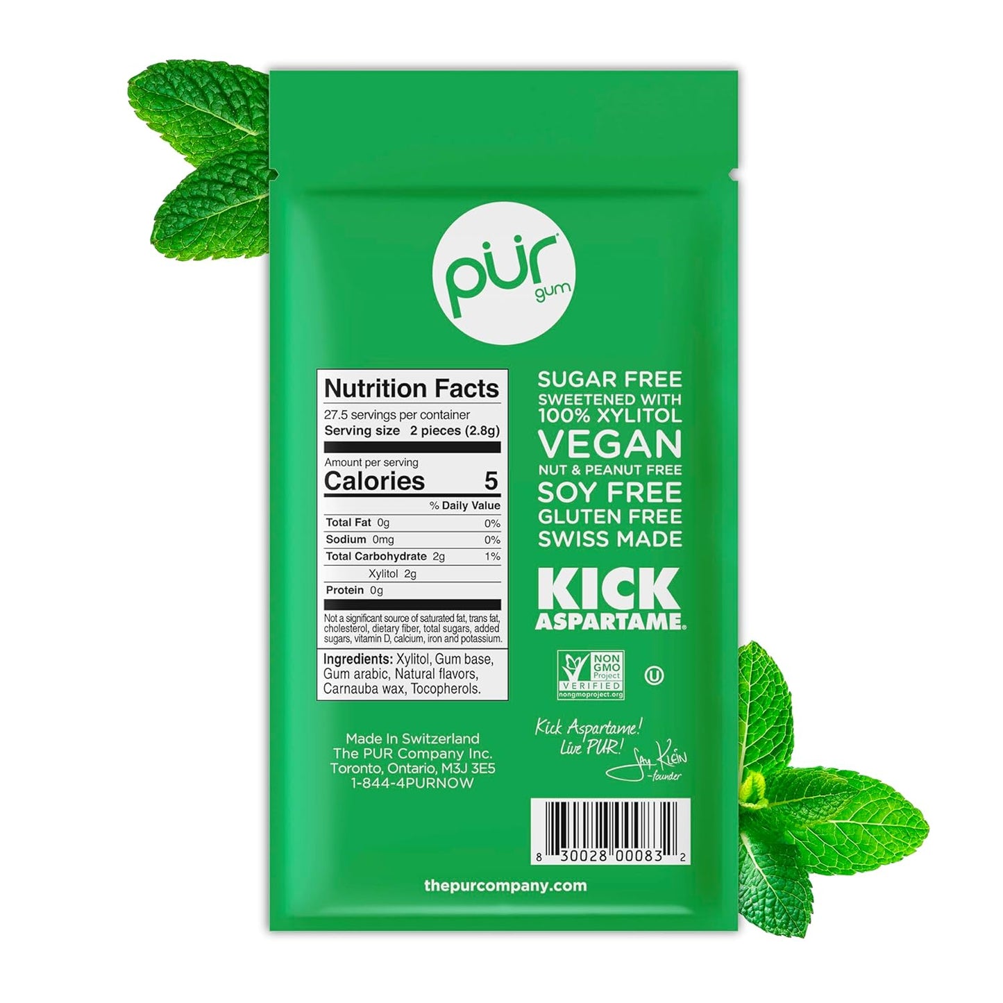 PUR Spearmint Chewing Gum Aspartame Free with Xylitol 55 Pieces