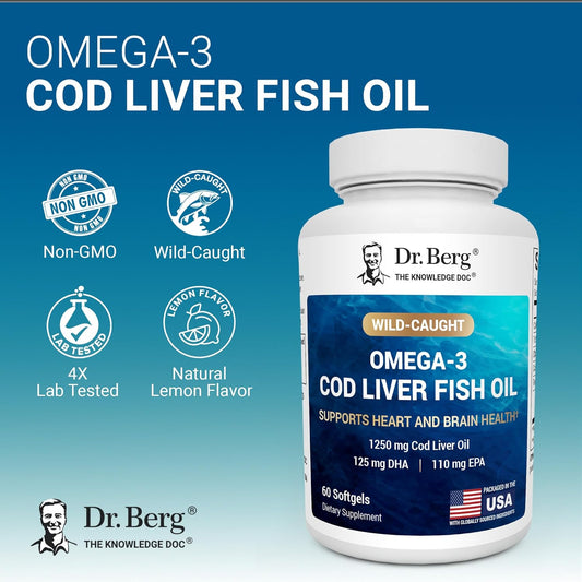 Dr. Berg Omega-3 Cod Liver Oil Softgels – Wild-Caught Cod, EPA & DHA, Lemon Flavor, 60 Count