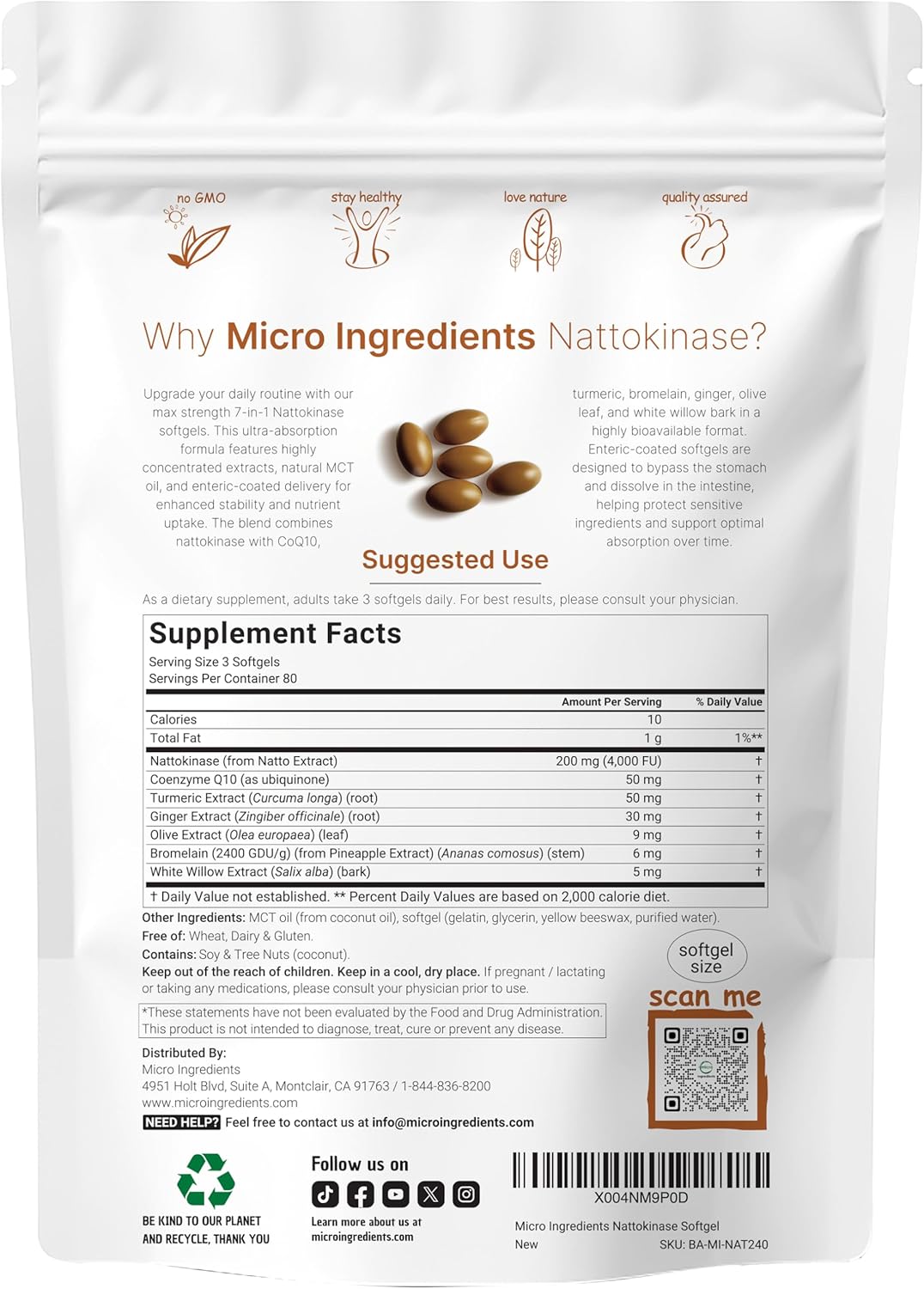 Micro Ingredients Nattokinase 4,000 FU Equivalent with CoQ10, Bromelain, Turmeric & Ginger – 7-in-1 Cardiovascular Support, 240 Softgels