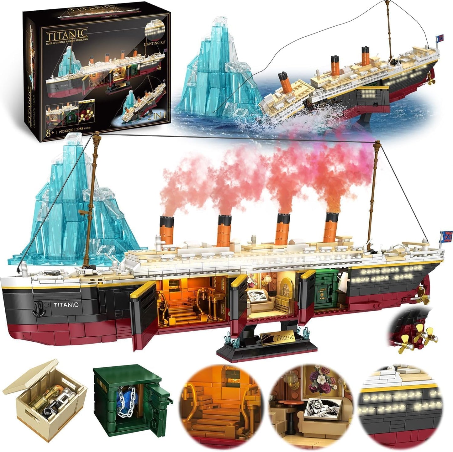 Titanic Building Block Set Ship Model with Glacier Light Strip 2288 Pieces
