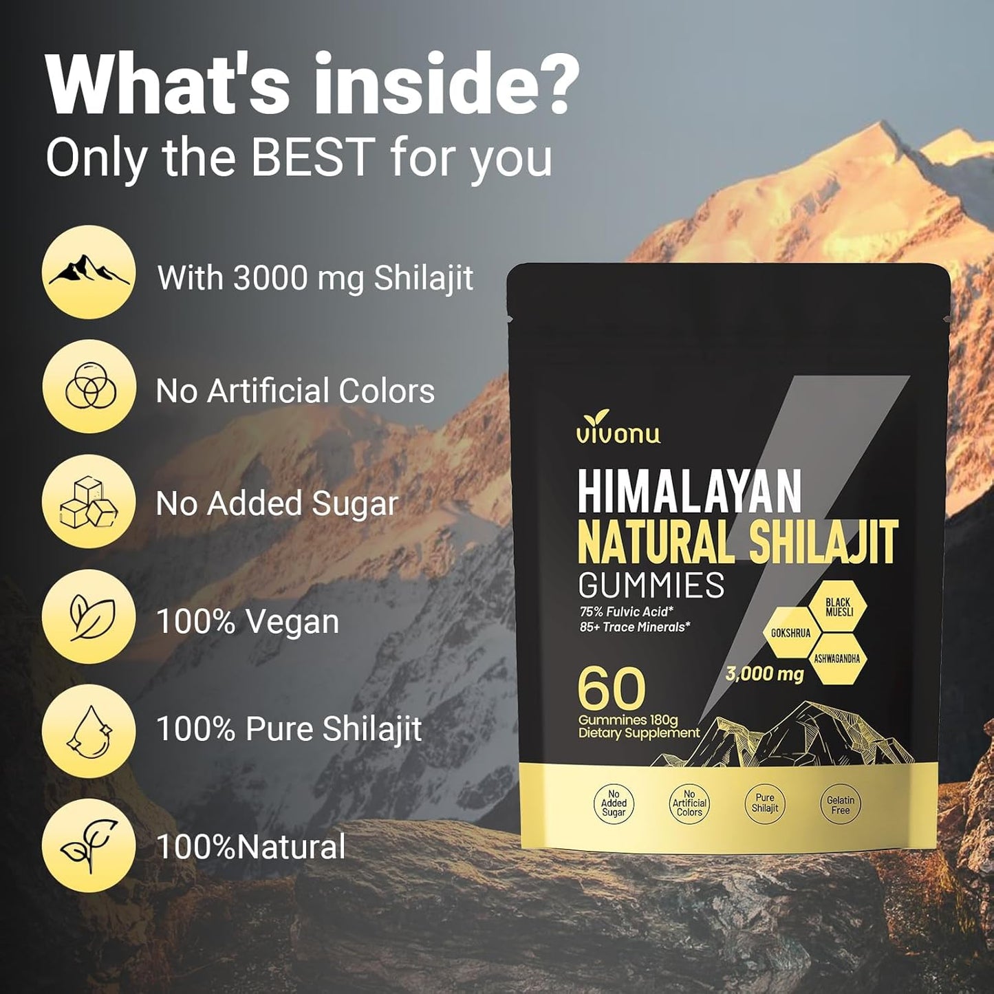 VIVONU Shilajit Gummies with Ashwagandha Gokshura Fulvic Acid 3000 mg Pack