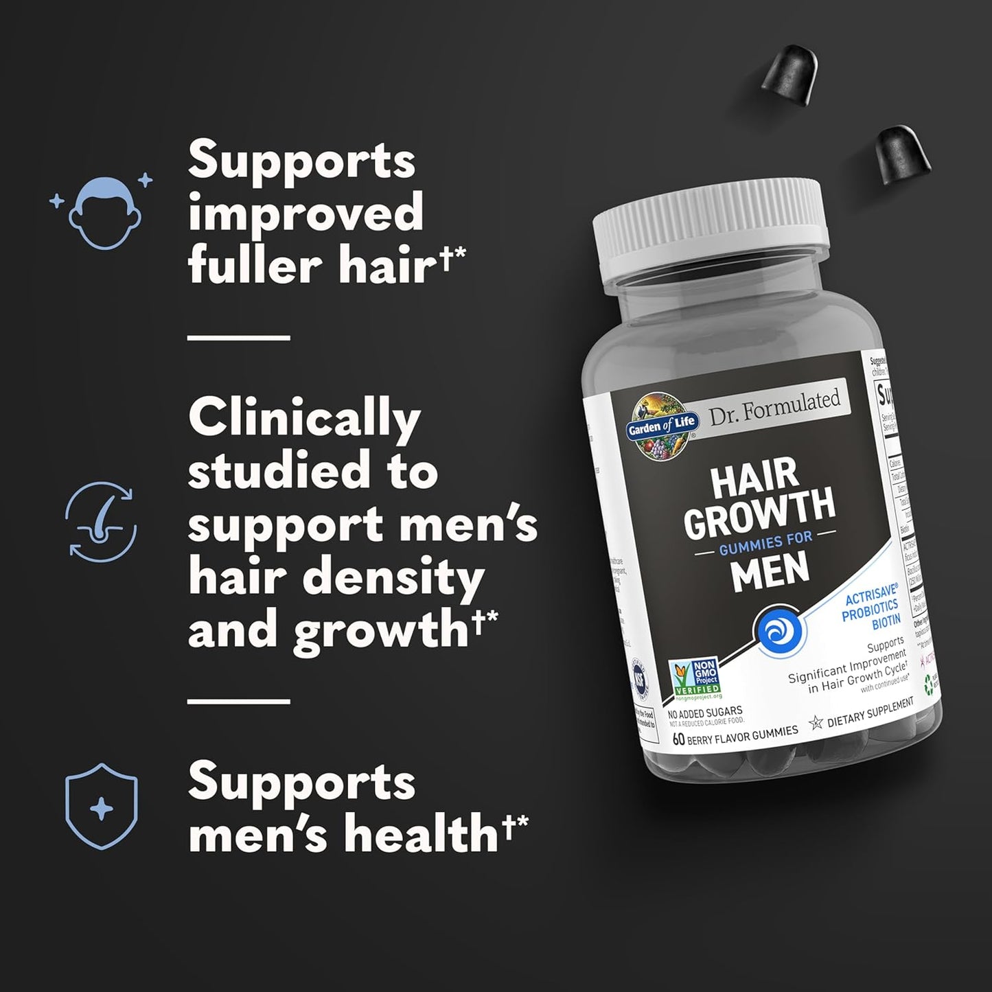 Garden of Life Dr. Formulated Hair Growth Gummies for Men – Biotin & Clinically Studied Extracts, Berry Flavor, 60 Gummies