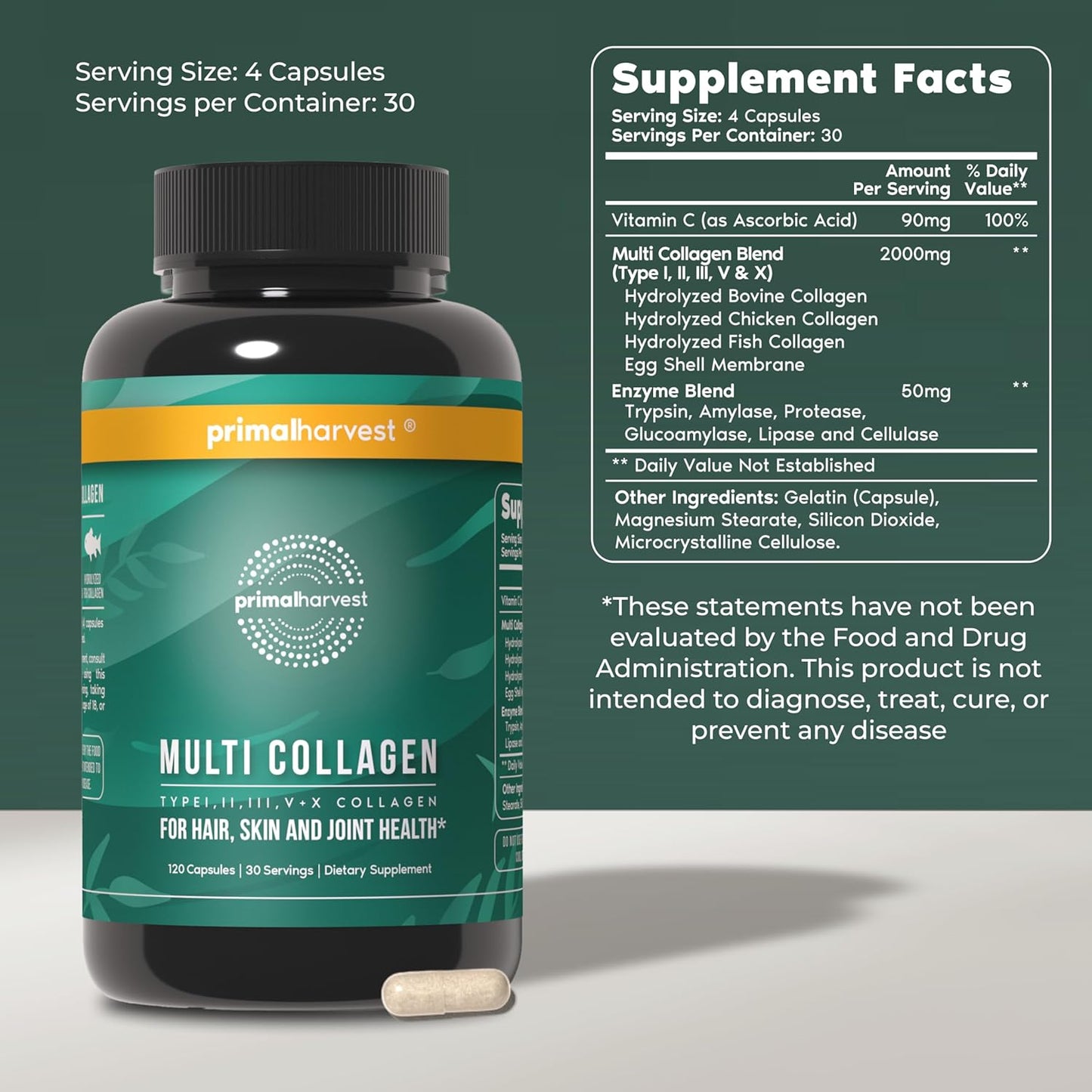 Primal Harvest Multi Collagen Capsules Types I II III V X with Vitamin C 120 Count