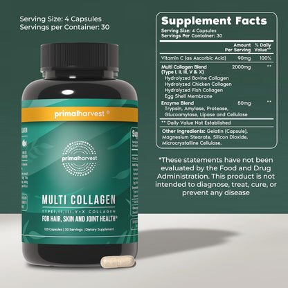 Primal Harvest Multi Collagen Capsules Types I II III V X with Vitamin C 120 Count