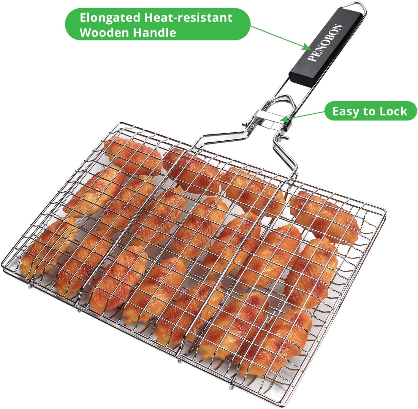 Fish Grilling Basket Stainless Steel Folding BBQ Basket with Removable Handle