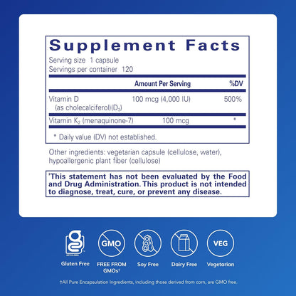 Pure Encapsulations Vitamin D3 & K2 Capsules 120 Count