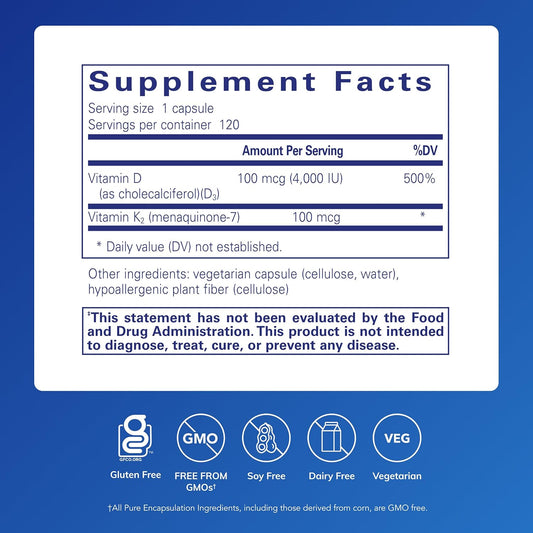 Pure Encapsulations Vitamin D3 & K2 Capsules 120 Count