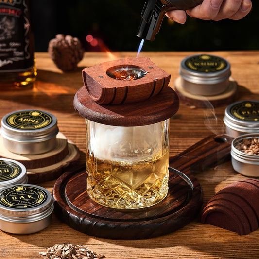 Whiskey Smoker Kit with Torch Wood Chip Flavors Glasses Ice Molds Set