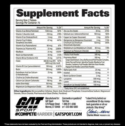 GAT Sport Men’s Multi Plus Test Multivitamin Tablets 150 Count