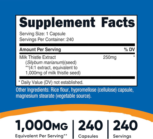 Nutricost Milk Thistle 1,000mg Equivalent from 250mg of 4:1 Extract Per Serving, 240 Capsules for 240 Servings Per Bottle - Vegan, GMO Free and Gluten Free