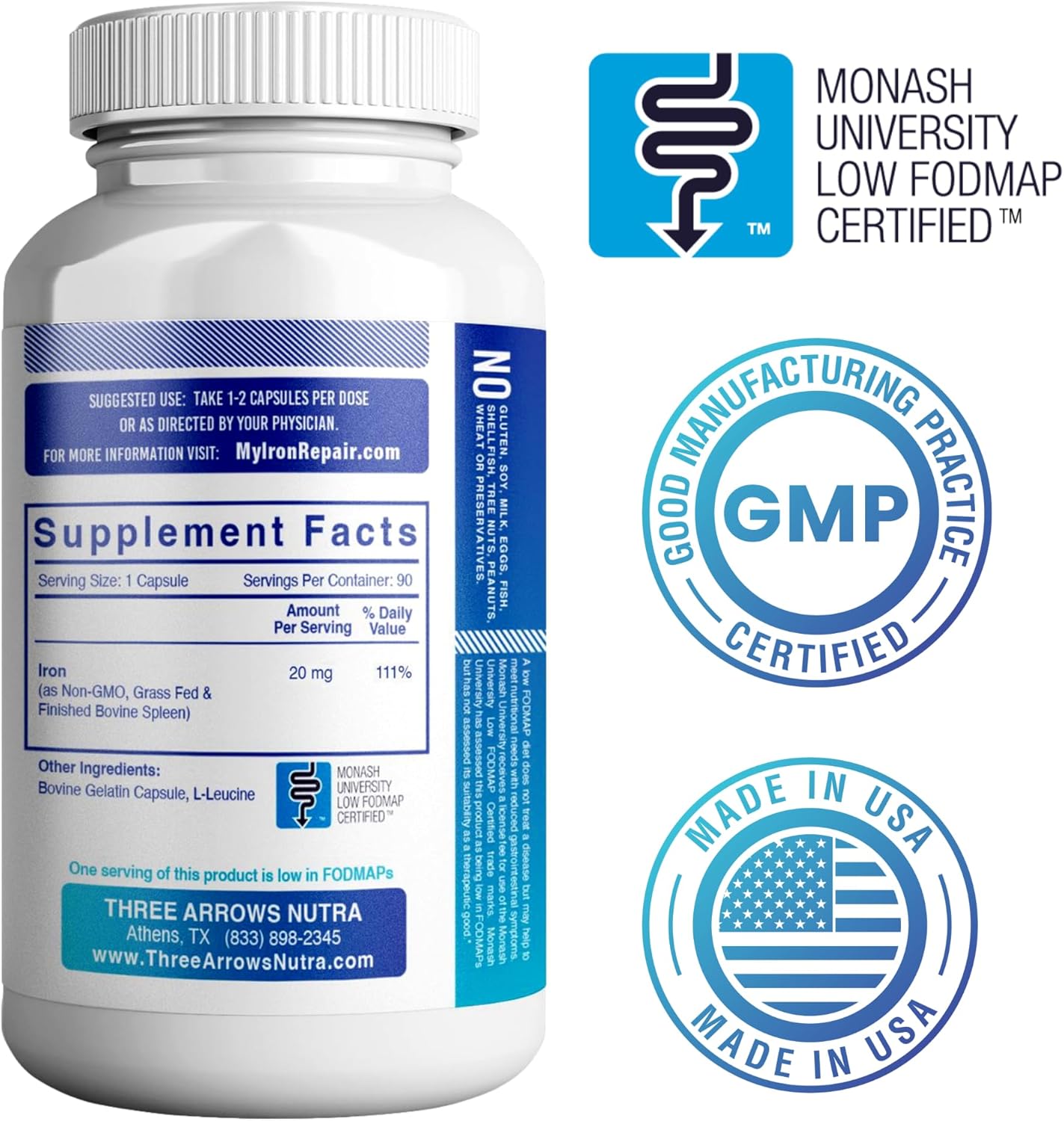 Iron Repair Simply Natural Iron Supplement Low FODMAP Capsules 90 Count