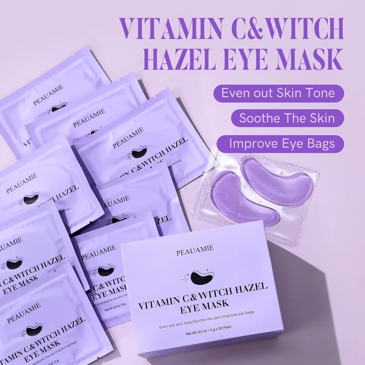 PEAUAMIE Under Eye Patches with Vitamin C & Witch Hazel 30 Pairs