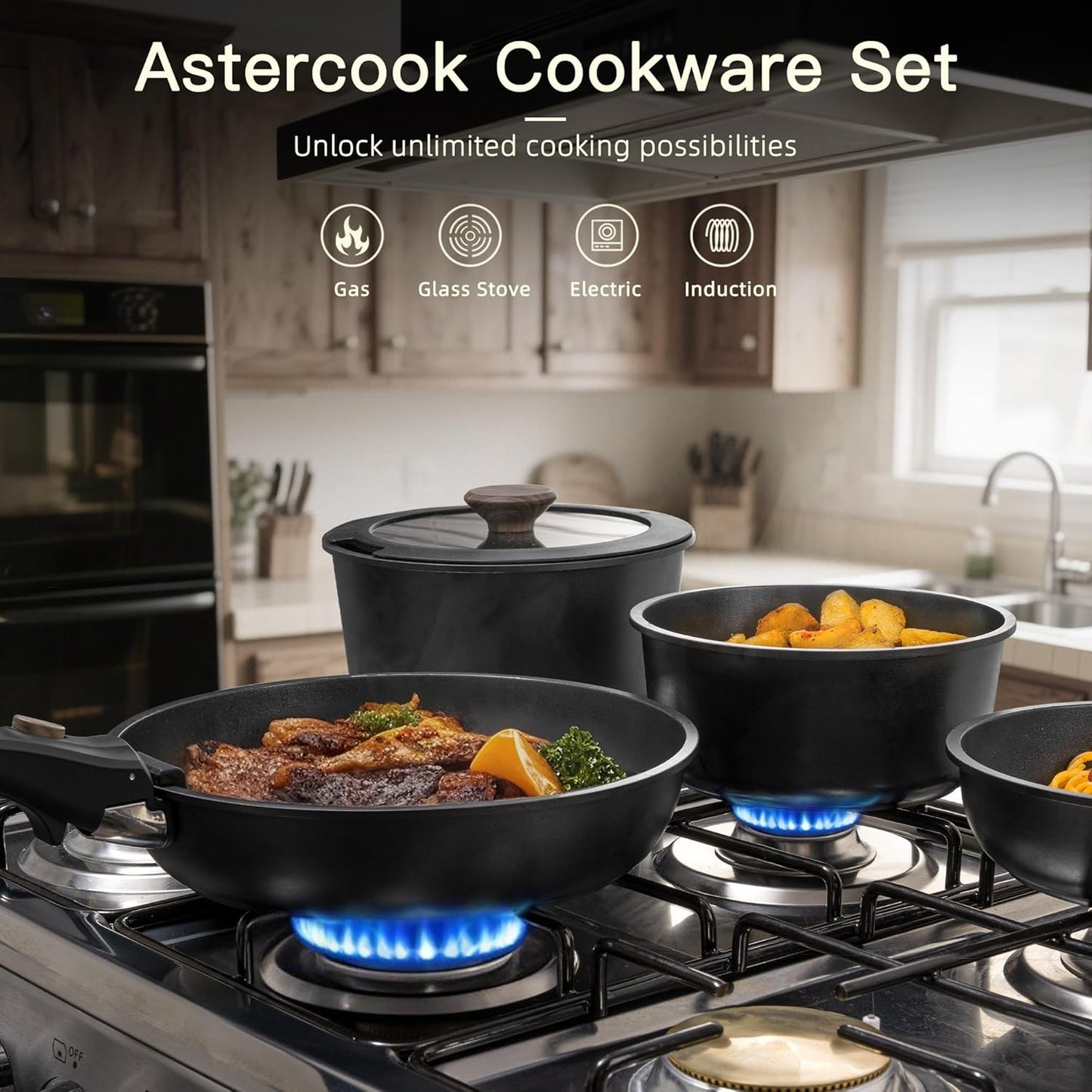 Astercook Non Stick Ceramic Cookware Set with Detachable Handle 21 Piece Black