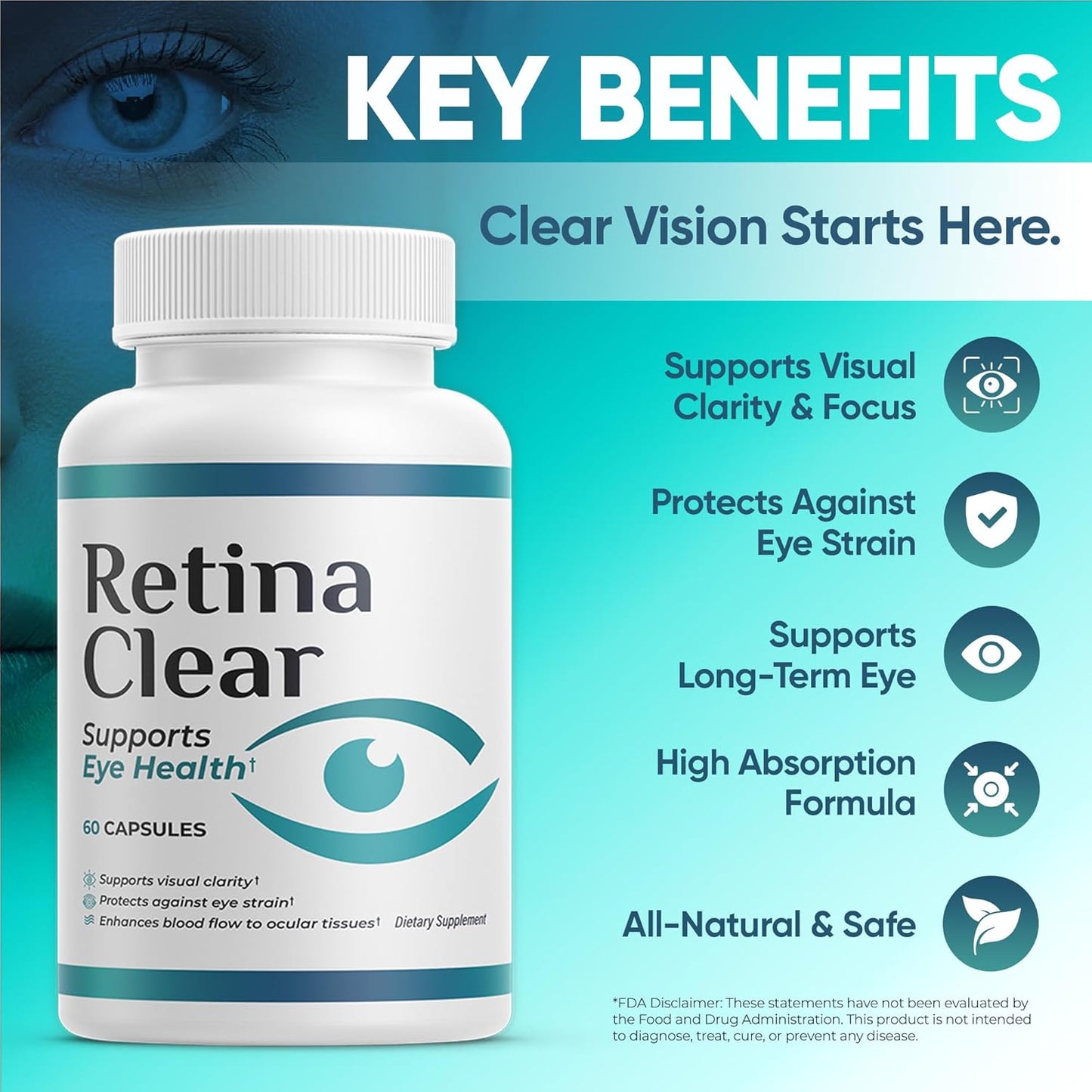 Retina Clear Vision Support Supplement Capsules – Natural Ingredient Eye Health Formula, 180 Capsules (3 Pack)