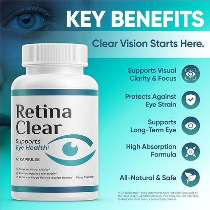 Retina Clear Vision Support Supplement Capsules – Natural Ingredient Eye Health Formula, 180 Capsules (3 Pack)
