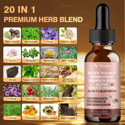 Totaria 20 in 1 Black Walnut Wormwood Tincture - Clove,Pumpkin Seed,Garlic,Oregano,Berberine - Gentle Gut Cleanse & Digestive Health -Raspberry Flavor - 2FL