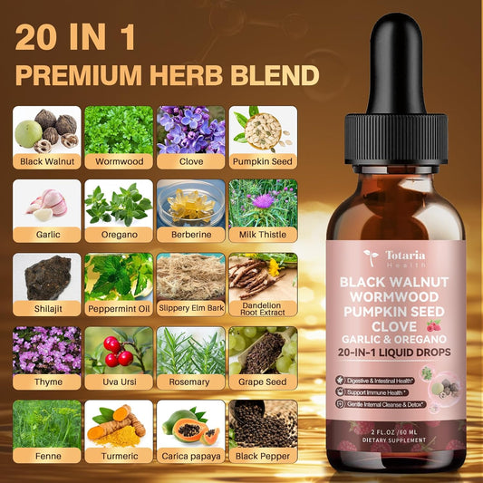 Totaria 20 in 1 Black Walnut Wormwood Tincture - Clove,Pumpkin Seed,Garlic,Oregano,Berberine - Gentle Gut Cleanse & Digestive Health -Raspberry Flavor - 2FL