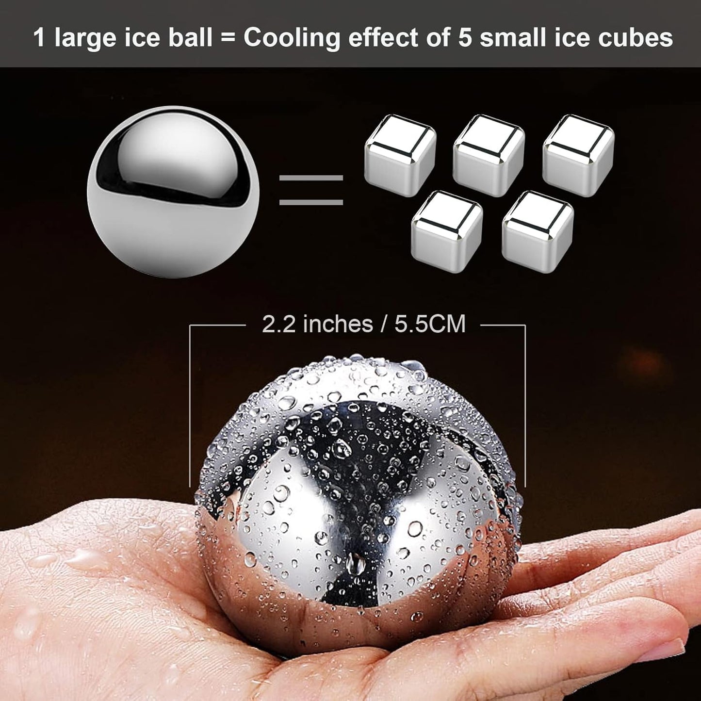 Stainless Steel Whiskey Stones Reusable Ice Balls 55 mm 2 Count