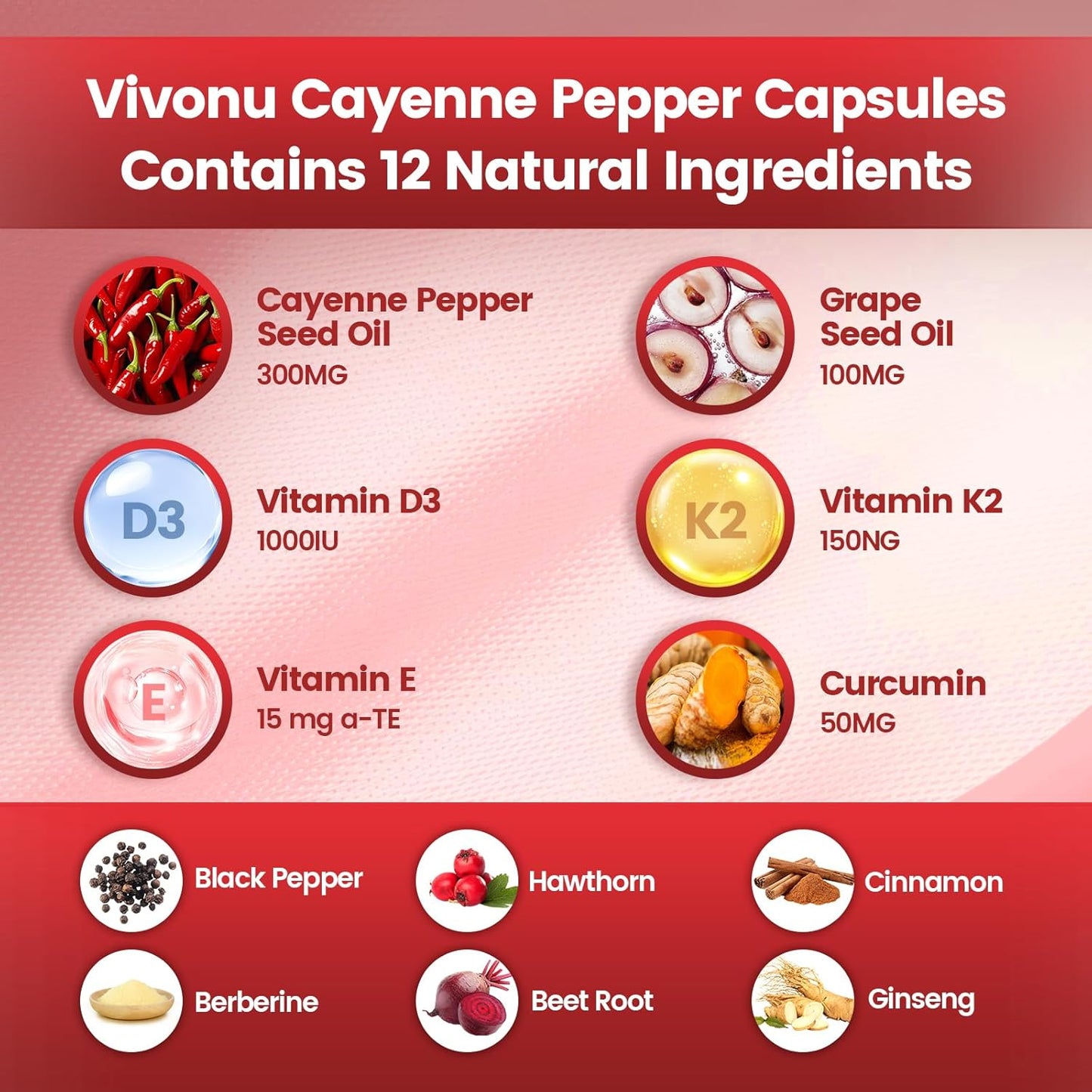 VivoNu Cayenne Pepper Softgels Vitamin E D3 K2 Grape Seed Hawthorn Beetroot Berberine