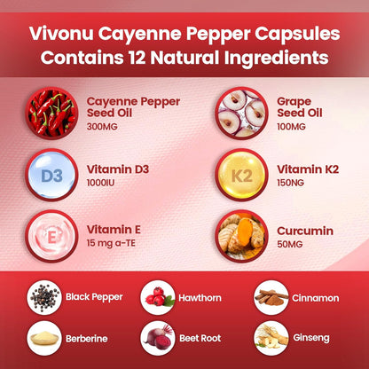 VivoNu Cayenne Pepper Softgels Vitamin E D3 K2 Grape Seed Hawthorn Beetroot Berberine