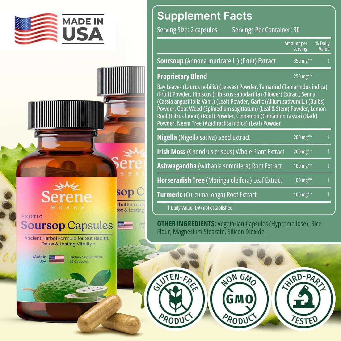 Serene Herbs Organic Graviola Soursop Capsules with Black Seed 2 Pack 120 Count