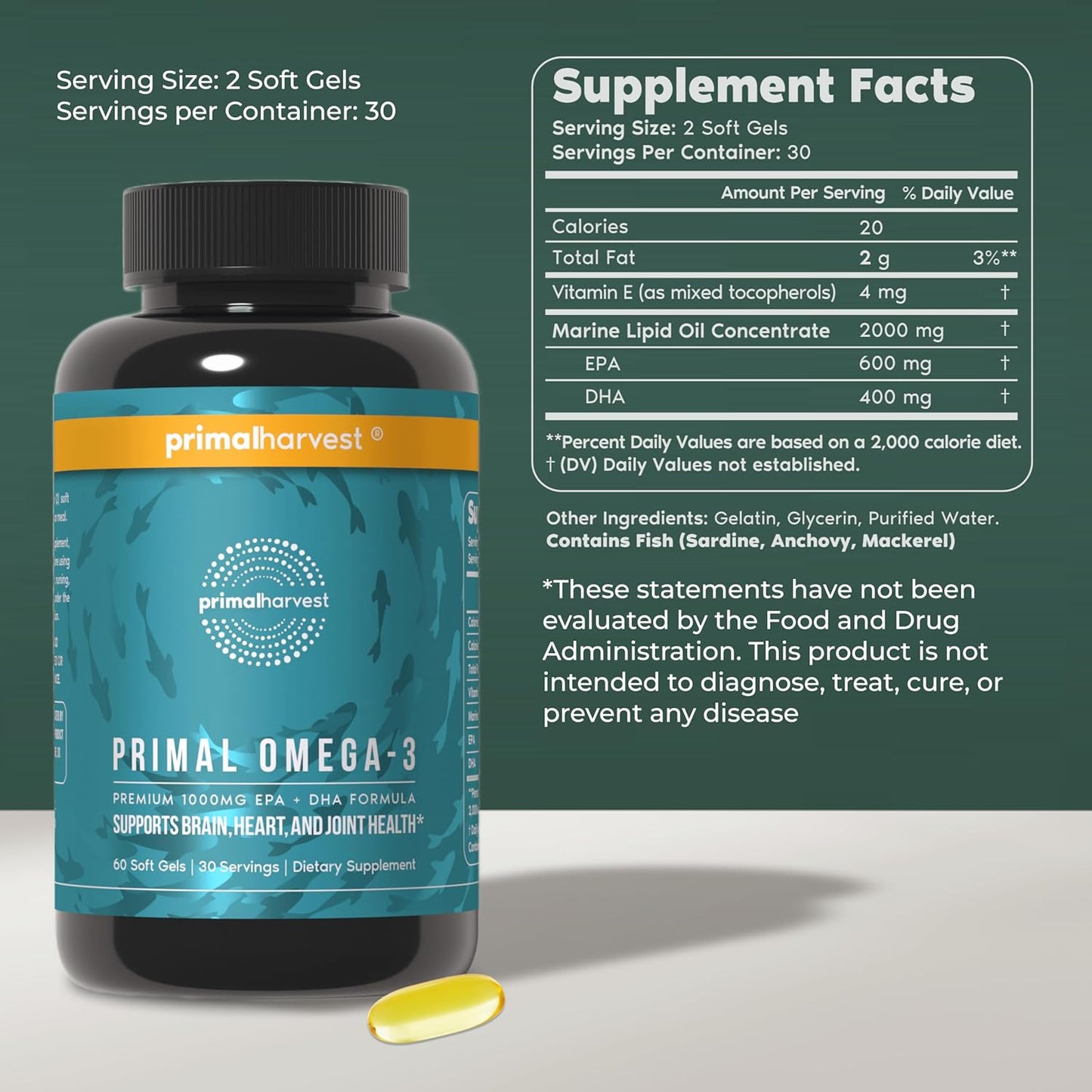 Primal Harvest Omega 3 Fish Oil 1000 mg EPA DHA Softgels 30 Servings
