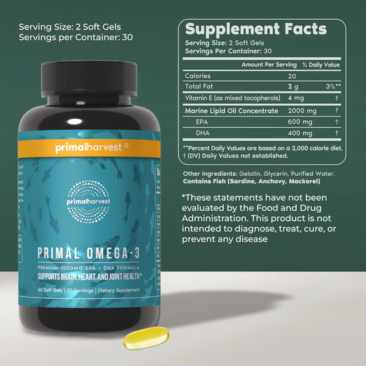 Primal Harvest Omega 3 Fish Oil 1000 mg EPA DHA Softgels 30 Servings