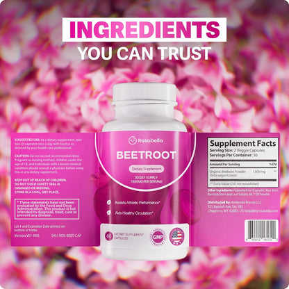 Rosabella Organic Beet Root Supplement 1300 mg 120 Capsules