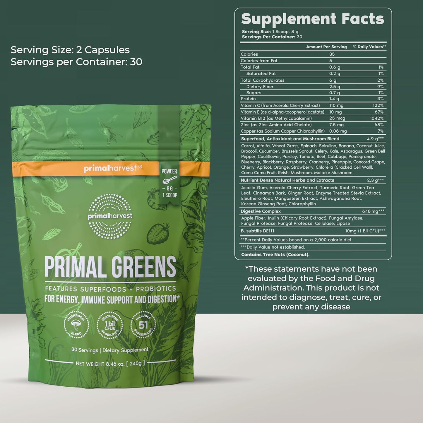 Primal Harvest Super Greens Powder Chlorella Probiotics Green Tea Wheatgrass Kale Turmeric 30 Servings