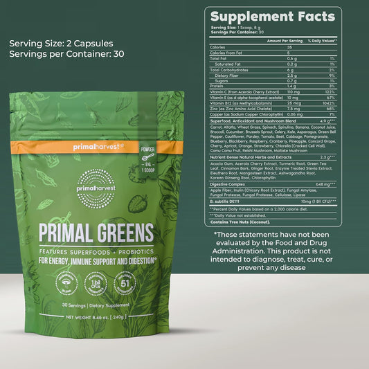 Primal Harvest Super Greens Powder Chlorella Probiotics Green Tea Wheatgrass Kale Turmeric 30 Servings