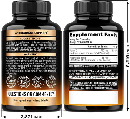 Liposomal Vitamin C 1700 mg Capsules – High Absorption, Non-GMO, Soy-Free, 180 Count