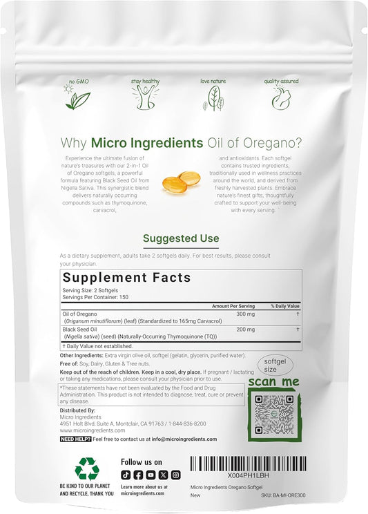 Micro Ingredients Oil of Oregano Softgels with Black Seed Oil – 4X Strength Carvacrol & Thymoquinone, Plant Based, Non-GMO, 300 Softgels