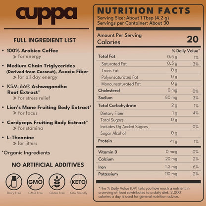 Cuppa Medium Roast Mushroom Coffee with Adaptogens and Superfoods 60 Servings