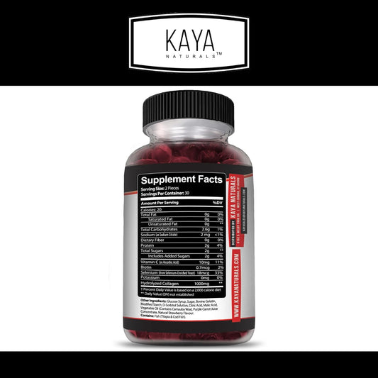 Kaya Naturals Collagen Gummies 1000 mg Vitamin C Selenium Biotin Strawberry 60 Count
