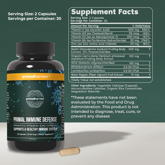 Primal Harvest Immune Defense 10-in-1 Probiotics Zinc Vitamins C D3 K2 B6 Capsules