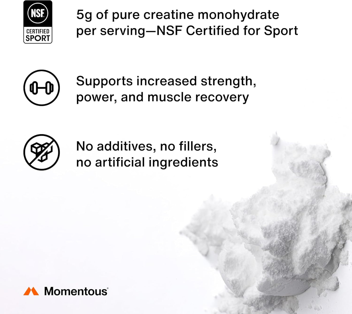Momentous Creatine Monohydrate Powder – NSF Certified, 5 g per Serving, 90 Servings